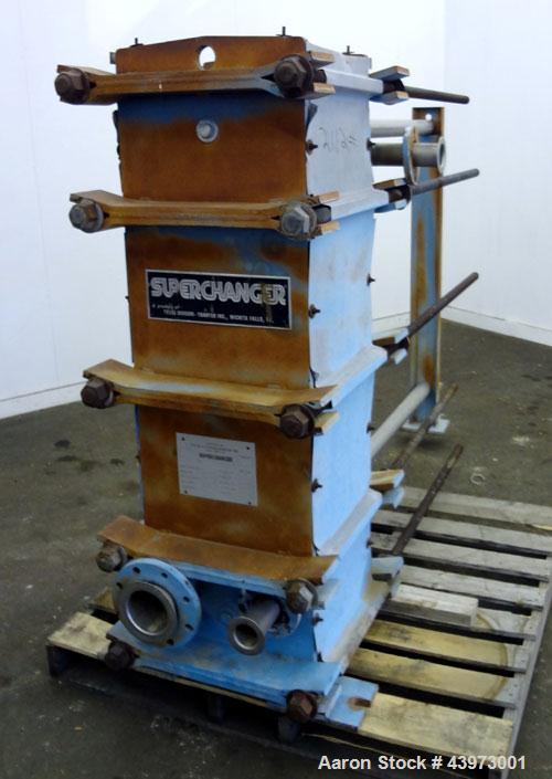 Used Tranter Superchanger Plate Heat Exchanger, Model S-3-HP-76.  250.1 Square feet.  (76) 304 Stainless steel plates. Rated  100 psi at 200 degrees F.  (2) 2-1/2", (2) 4-1/2" inlets/outlets.  Mounte...
