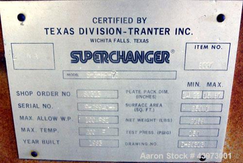 Used Tranter Superchanger Plate Heat Exchanger, Model S-3-HP-76.  250.1 Square feet.  (76) 304 Stainless steel plates. Rated  100 psi at 200 degrees F.  (2) 2-1/2", (2) 4-1/2" inlets/outlets.  Mounte...