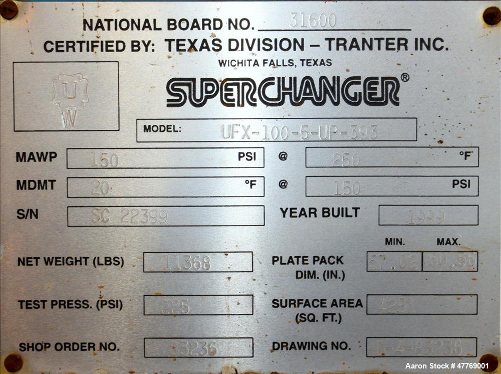 Used Tranter Superchanger Plate Heat Exchanger, 4251 Square Feet Surface Area