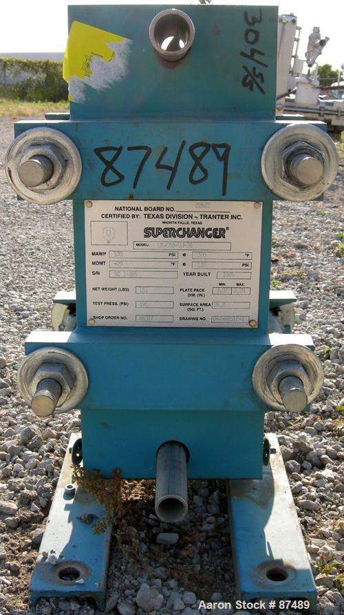 USED: Tranter Superchanger plate heat exchanger, model UX-056-UJ-26, 15.2 square feet, 304 stainless steel. (26) Approximately 8" wide x 20" long plates, rated 130 psi at 300 deg F. (2) 1", (2) 2" in...