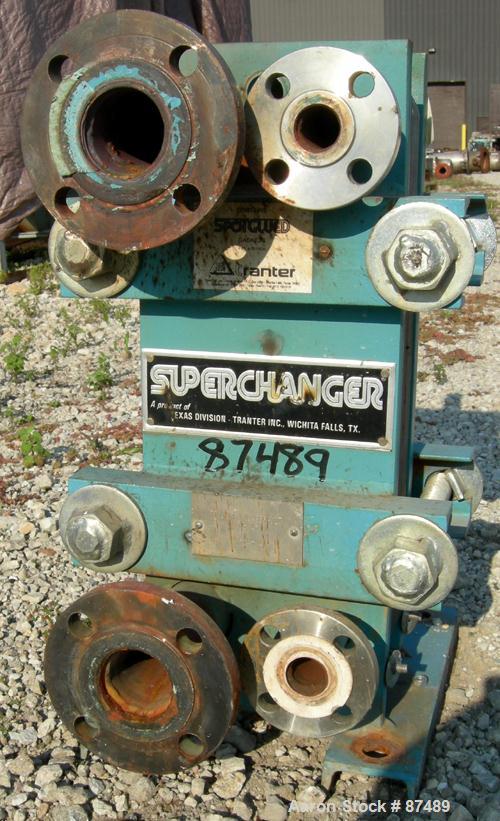 USED: Tranter Superchanger plate heat exchanger, model UX-056-UJ-26, 15.2 square feet, 304 stainless steel. (26) Approximately 8" wide x 20" long plates, rated 130 psi at 300 deg F. (2) 1", (2) 2" in...