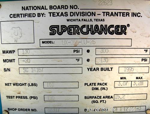 USED: Tranter Superchanger plate heat exchanger, model UX-056-UJ-26, 15.2 square feet, 304 stainless steel. (26) Approximately 8" wide x 20" long plates, rated 130 psi at 300 deg F. (4) 2" inlets/out...