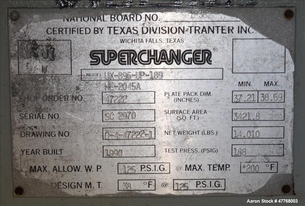 Used Tranter Superchanger Plate Heat Exchanger, Approximate 3421.8 Square Feet Surface Area, Model UX-896-UP-189. Approximate (139) 40" wide x 92" tall 316 stainless steel plates rated 125 psi at 38 ...