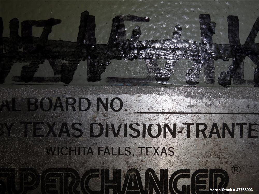 Used Tranter Superchanger Plate Heat Exchanger, Approximate 3421.8 Square Feet Surface Area, Model UX-896-UP-189. Approximate (139) 40" wide x 92" tall 316 stainless steel plates rated 125 psi at 38 ...