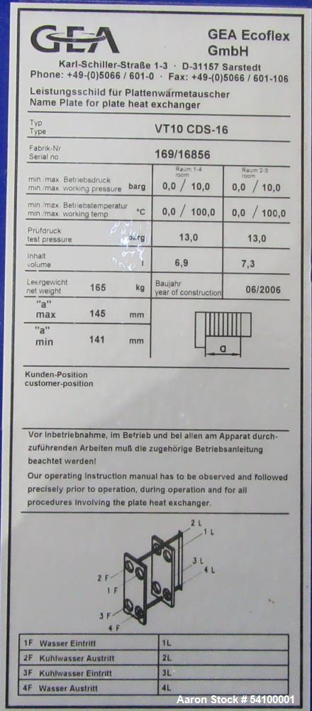 GEA Ecoflex VT10 Plate Heat Exchanger For Sale – 145 PSI, 212°F Rated – Approx.