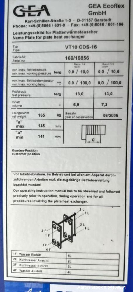 Used GEA Plate Exchanger, Stainless steel, Approximately 20 sqft area
