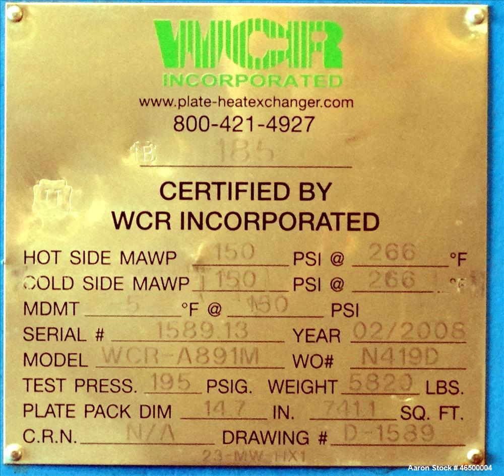 Used WCR Incorporated Plate Type Heat Exchanger, Model WCR-A891M, 741.1 Square