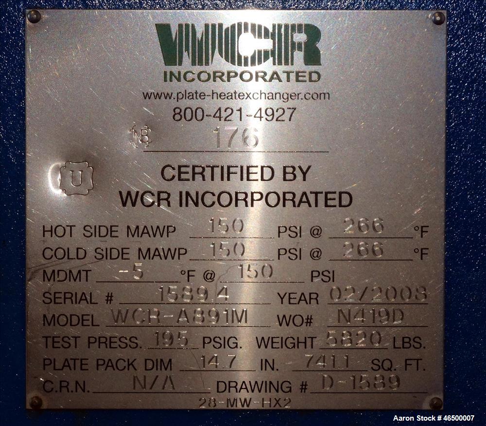 Used WCR Incorporated Plate Heat Exchanger, Model WCR-A891M, 741.1 Square Feet,