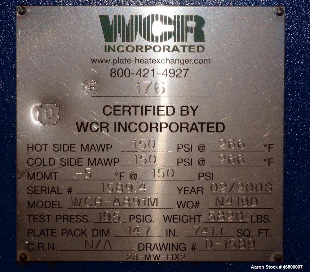 Used- WCR Incorporated Plate Heat Exchanger, Model WCR-A891M, 741.1 Square Feet,