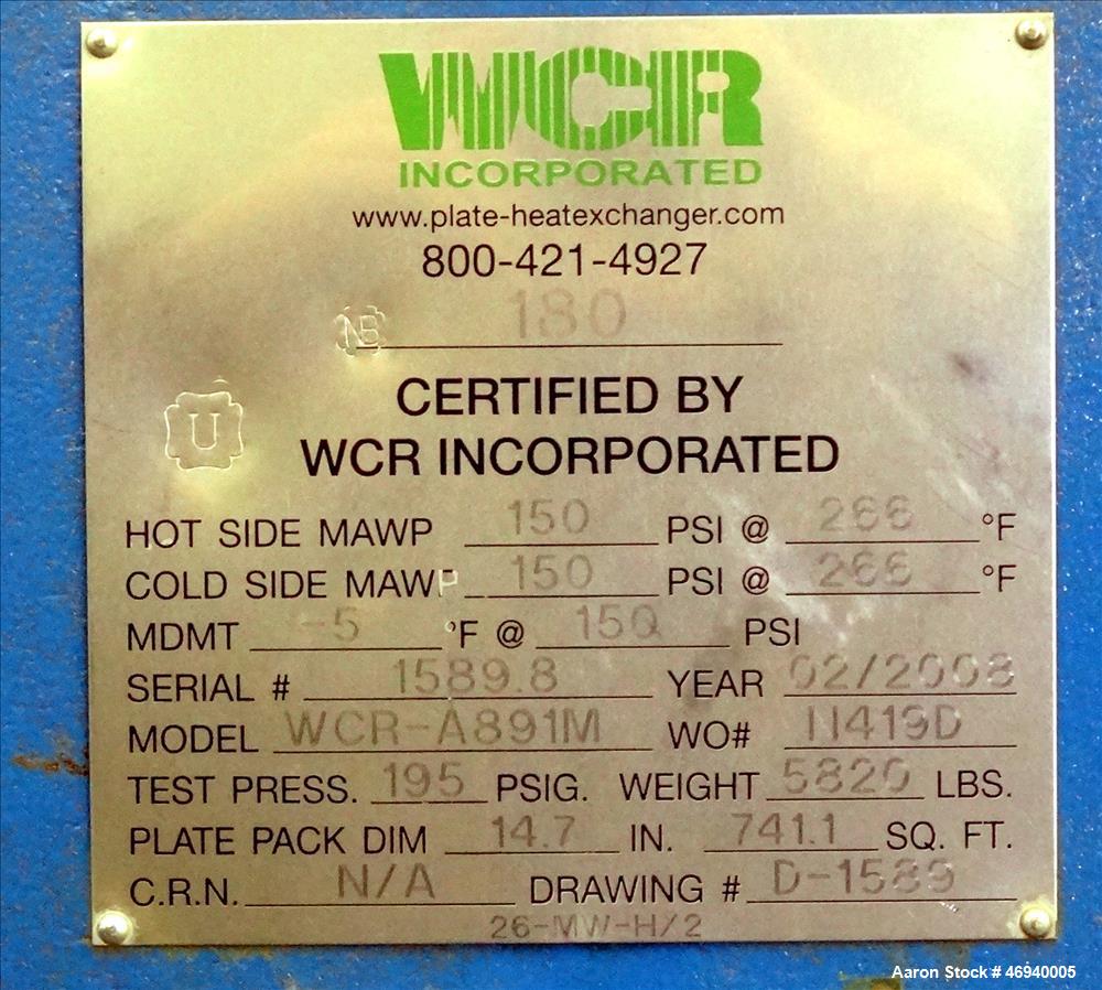Unused- WCR Incorporated Plate Heat Exchanger, Model WCR-A891M, 741.1 Square Feet, 316 Stainless Steel, Vertical. (42) Approximate 15" wide x 67" long plates rated hot/cold sides 150 psi at -50 to 26...