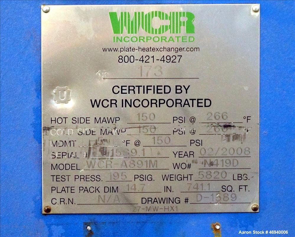 Unused- WCR Incorporated Plate Heat Exchanger, Model WCR-A891M, 741.1 Square Feet, 316 Stainless Steel, Vertical. (83) Approximate 15" wide x 67" long plates rated hot/cold sides 150 psi at -50 to 26...