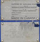 Used Alfa Laval Vicarb Plate Exchanger, 769.6 Square Feet, Model V110-SST-100. Duty 6577 KBTU/H. (67) Approximately 36’’ wide x 60’’ tall 316 stainless steel plates. Designed 150 psi at 20 to 150 deg...