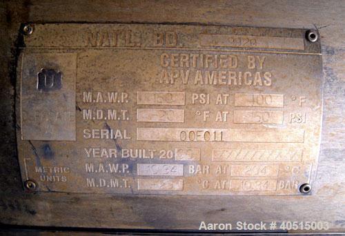 Used APV Vertical Scraped Surface Heat Exchanger System, 316 stainless steel. Consisting of: (2) APV scraped surface heat exchangers, model V884WWNN, 14.5 square feet heating surface per tube, 29 tot...