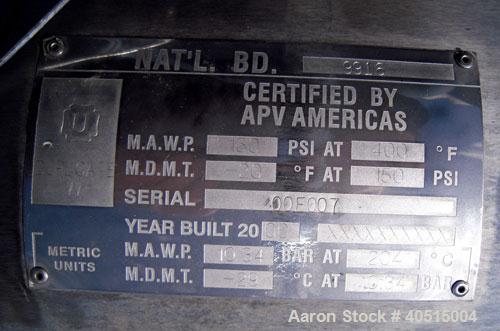 Used APV Vertical Scraped Surface Heat Exchanger System, 316 stainless steel. Consisting of: (2) APV scraped surface heat exchangers, model V884WWNN, 14.5 square feet heating surface per tube, 29 tot...