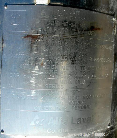 Used Alfa Laval Contherm Dual Chamber Votator Scraped Surface Heat Exchanger, 12 Square Feet, Model 6X6, 316 Stainless Steel. (2) 6" diameter x 48" long jacketed horizontal chambers rated internal 30...