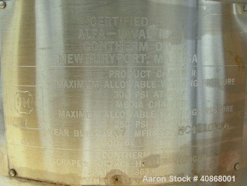 Used Alfa Laval Contherm Vertical Scraped Surface Heat Exchanger System, 27 total square feet, 316 stainless steel. Consisting of: (3) Alfa Laval scraped surface heat exchangers, model 6X9. 9 square ...