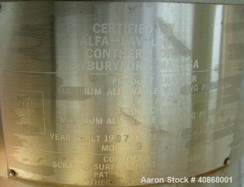Used Alfa Laval Contherm Vertical Scraped Surface Heat Exchanger System, 27 total square feet, 316 stainless steel. Consisting of: (3) Alfa Laval scraped surface heat exchangers, model 6X9. 9 square ...