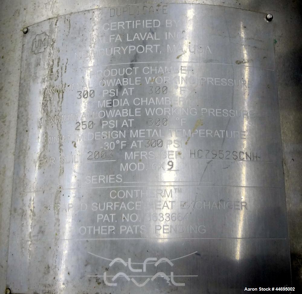Used Stainless Steel Alfa Laval Contherm Scraped Surface Heat Exchanger, Model 