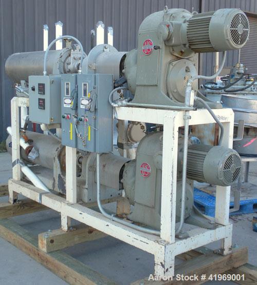Used Chemetron Votator Scraped Surface Heat Exchanger, 12 total square feet, 304 stainless steel. (2) Approximately 6'' diameter x 48'' long horizontal chambers, plastic type scrapers, carbon steel j...
