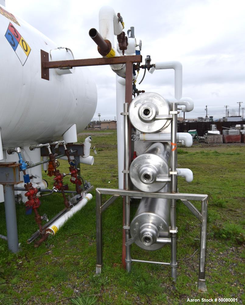 Used Cherry-Burrell Triple Tube Thermutator, 27 Total Square Feet, Stainless Steel. Consists of: (3) model 672 Thermutators, approximate 6" diameter x 72" long jacketed tubes, each 9 square feet heat...