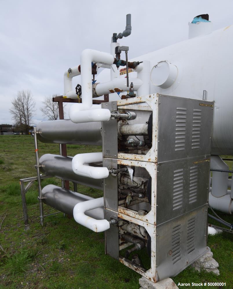 Used Cherry-Burrell Triple Tube Thermutator, 27 Total Square Feet, Stainless Steel. Consists of: (3) model 672 Thermutators, approximate 6" diameter x 72" long jacketed tubes, each 9 square feet heat...