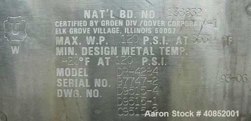 Used Groen DR Series Scraped Surface Heat Exchanger/Evaporator. Approximately 150 square feet, 4000 pound an hour capacity, model DR-4284, 316L stainless steel. The Groen DR Series Scraped Surface He...