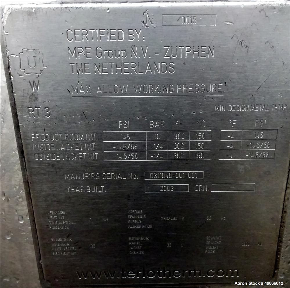 Used Terlet Terlotherm Scraped Surface Heat Exchanger, Stainless Steel. Approximate 29" diameter x 54" straight side. Openings top: 3", bottom: 2". Serial # 0311040-001-001. Built 2003.