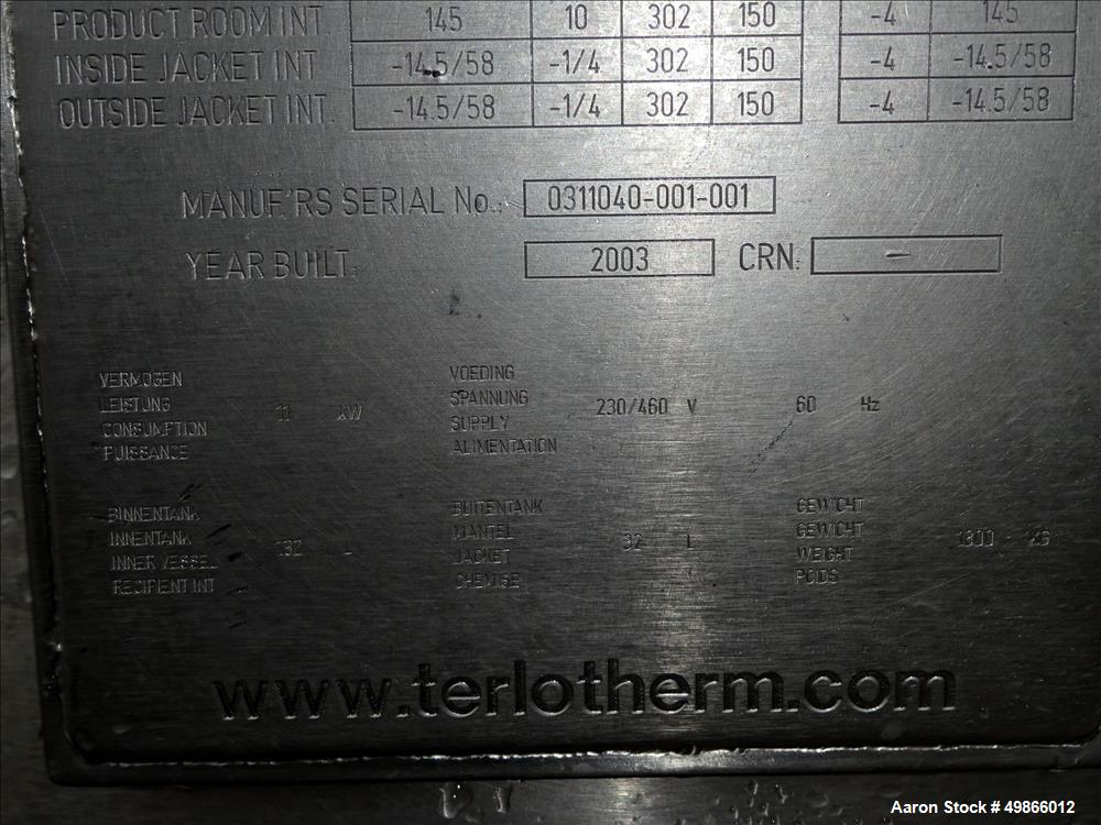 Used Terlet Terlotherm Scraped Surface Heat Exchanger, Stainless Steel. Approximate 29" diameter x 54" straight side. Openings top: 3", bottom: 2". Serial # 0311040-001-001. Built 2003.