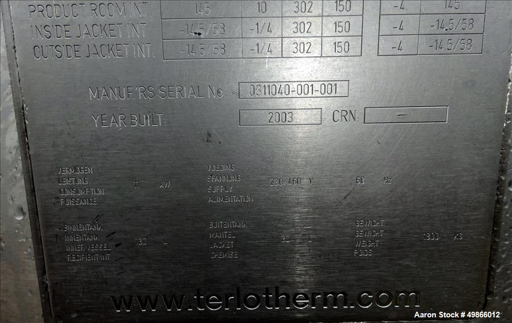 Used Terlet Terlotherm Scraped Surface Heat Exchanger, Stainless Steel. Approximate 29" diameter x 54" straight side. Openings top: 3", bottom: 2". Serial # 0311040-001-001. Built 2003.