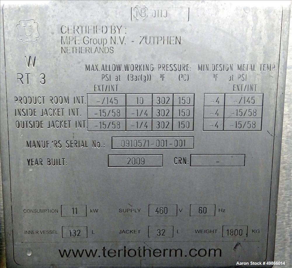 Used Terlet Terlotherm Scraped Surface Heat Exchanger, Stainless Steel. Approximate 29" diameter x 54" straight side. Openings top: 3", bottom: 2". Serial # 0910571-001-001. Built 2009.