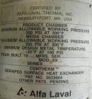 Used Alfa Laval Scraped Surface Heat Exchanger, Approximately 9 Square Feet, Model 6 X 9, 316 Stainless Steel. 6'' diameter x 72'' long horizontal chamber, internal rated 300 psi at 300 deg F, jacket...