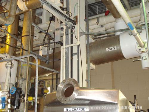 Used: Atlas shell and tube heat exchanger, approx 168 square feet, horizontal. Carbon steel shell rated 100 psi at 300 deg.f.,(97) 3/4" diameter x 9' long hastelloy C-22 tubes rated F.V. and 100 psi ...