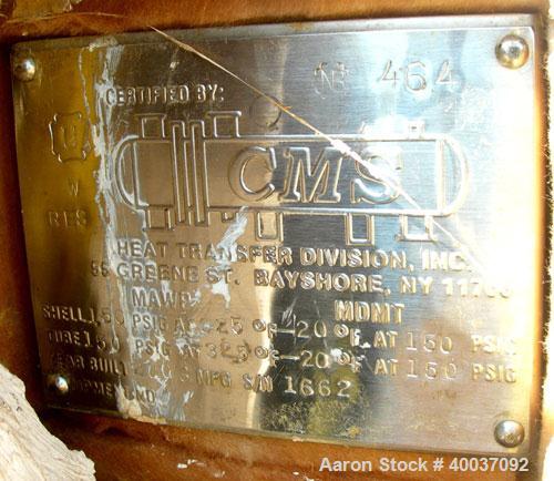 Used: CMS U tube heat exchanger, approximately 111 square feet, horizontal. Hastelloy C276 shell rated 150 psi at 325 deg.f., (60) 3/4" diameter x 9'9" long hastelloy C276 tubes rated 150 psi at 325 ...