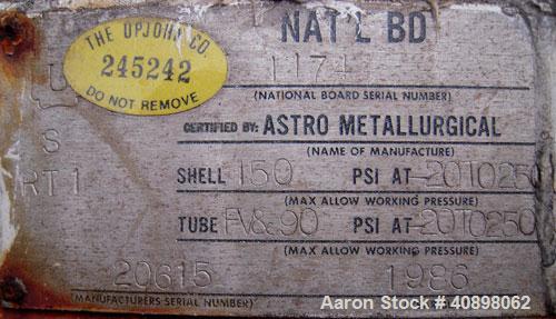 Used Astro Metallurgical Single Pass Shell and Tube Heat Exchanger, 183 Square Feet, Vertical. Carbon steel shell rated 150 psi at –20 to 250 deg F. (208) 3/4" diameter x 54" long Zirconium tubes rat...