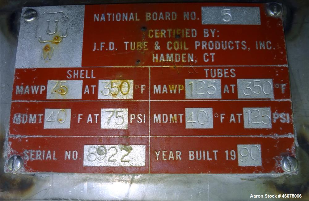 Used J.F.D. Tube & Coil Products U Tube Shell & Tube Heat Exchanger, Approximate 909 Square Feet, Horizontal. SB-434-825 Incoloy 825 shell rated 75 psi at 350 degrees F, (232) 3/4" diameter x 120" lo...