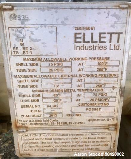 Used Ellett Industries Shell & Tube Heat Exchanger, 54 Square Feet, Horizontal.