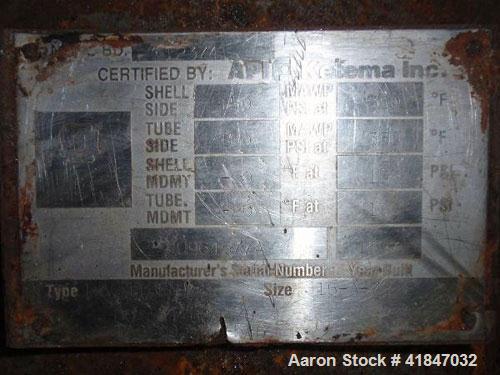 Used API Ketema Shell and Tube Heat Exchanger, 332 square feet, horizontal, type 1-V-1 BEM, size 15-A-72. Carbon steel shell rated 150 psi at –20 to 350 deg F. (615) 5/8'' diameter x 6’ long Hastello...