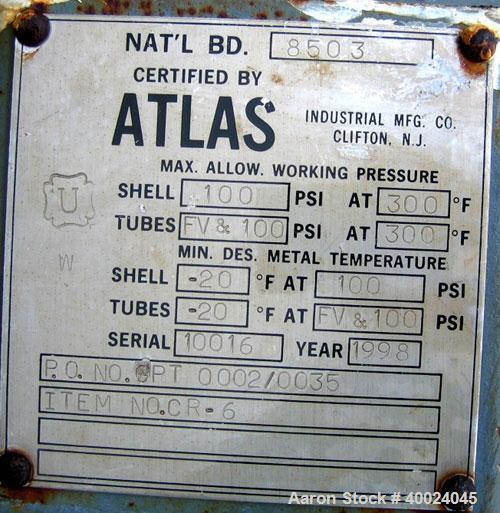 Used Atlas Shell and Tube Heat Exchanger, approximatelly 152 square feet, vertical, type BEM14-81. Carbon steel shell rated 100 psi at 300 deg F, (120) 3/4" diameter x 81" long Hastelloy C22 tubes ra...