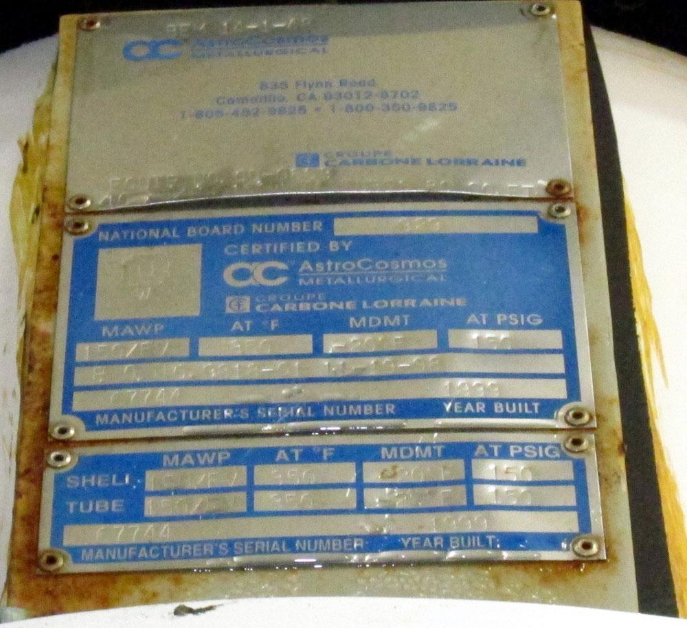 Used AstroCosmos Metallurgical Tantalum Vertical Heat Exchanger / Condenser, 80 Square Feet. Shell rated 150 psi & Full Vacuum at 350 degrees F, tubes rated 150 psi & Full Vacuum at 350 degrees F. Ty...