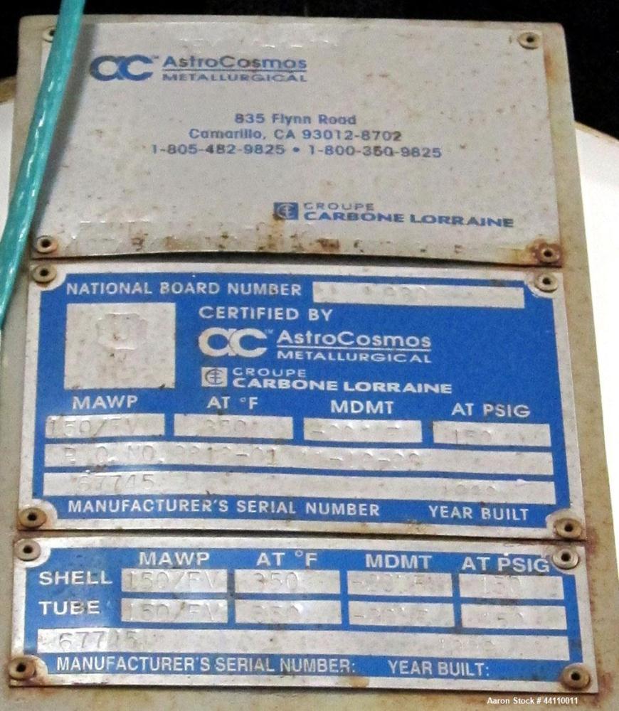 Used AstroCosmos Metallurgical Tantalum Vertical Heat Exchanger / Condenser, 80 Square Feet. Shell rated 150 psi & Full Vacuum at 350 degrees F, tubes rated 150 psi & Full Vacuum at 350 degrees F. Ty...