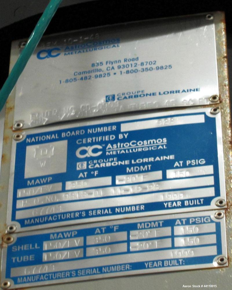 Used AstroCosmos Metallurgical Tantalum Vertical Heat Exchanger / Condenser, 45 Square Feet. Shell rated 150 psi & Full Vacuum at 350 degrees F, tubes rated 150 psi & Full Vacuum at 350 degrees F. Ty...
