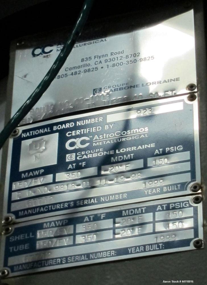 Used AstroCosmos Metallurgical Tantalum Vertical Heat Exchanger / Condenser, 40 Square Feet