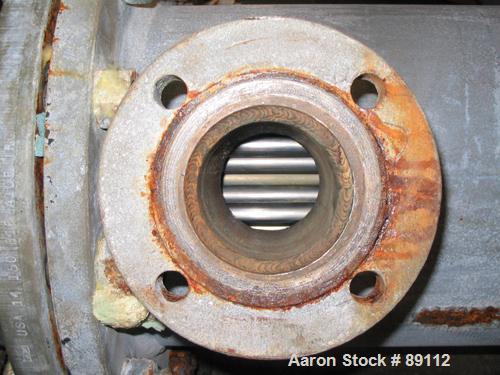 USED: Astrocosmos shell and tube heat exchanger, 123 square feet, vertical. Carbon steel shell rated 150 psi/FV at 400 deg F, tantalum tubes rated 150 psi/FV at 400 deg F. Built 1999.
