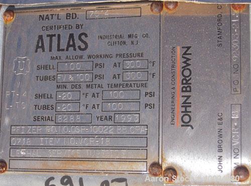 Used- Atlas Single Pass Shell and Tube Heat Exchanger, 102 square feet, horizontal, type BEM10-120. Carbon steel shell rated...