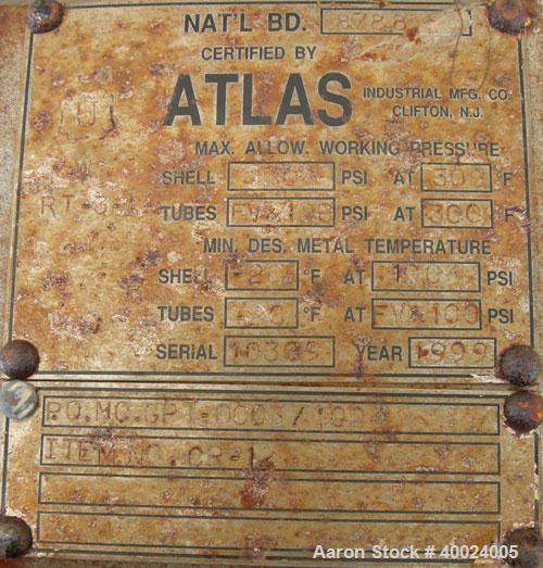 Used Atlas Shell And Tube Heat Exchanger, 276 square feet, horizontal. Type BEM16-108. 316L stainless steel shell rated 100 psi at 300 deg.f.. (160) 3/4" diameter x 108" long hastelloy C-22 tubes rat...