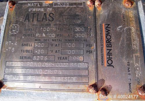 Used Atlas Single Pass Shell and Tube Heat Exchanger, 399 square feet, horizontal. Type BEM18-120. Carbon steel shell rated 100 psi at 300 deg F, carbon steel baffles and expansion ring. (208) 3/4" d...