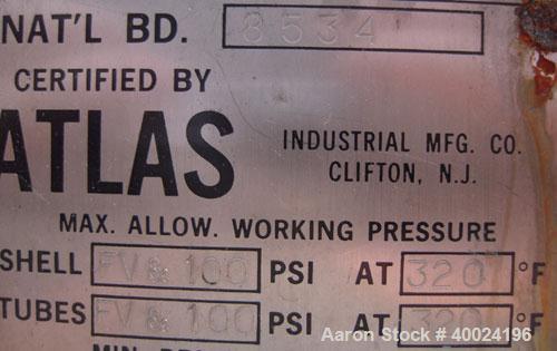 Used Atlas Single Pass Shell and Tube Heat Exchanger, 791 square feet, horizontal, type BEM21-120. Carbon steel shell rated FV and 100 psi at 320 deg F. (412) 3/4" diameter x 10' long Hastelloy C276 ...