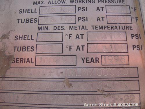 Used- Atlas Single Pass Shell and Tube Heat Exchanger, 791 square feet, horizontal, type BEM21-120. Carbon steel shell rated...