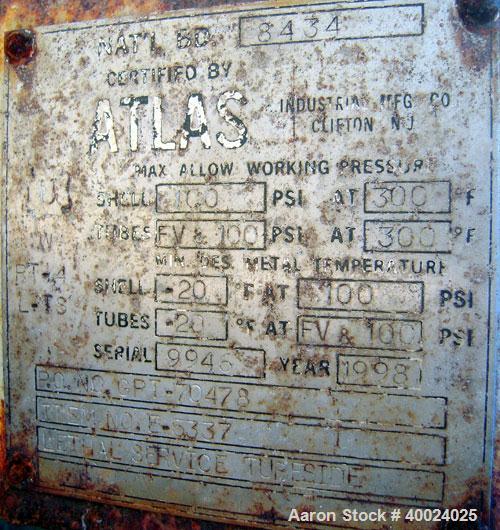 Used Atlas Shell and Tube Heat Exchanger, 405 square feet, vertical. Type BEM21-72. Carbon steel shell with expansion ring, rated 100 psi at 300 deg F, (345) 3/4'' diameter x 6' long Hastelloy C-22 t...