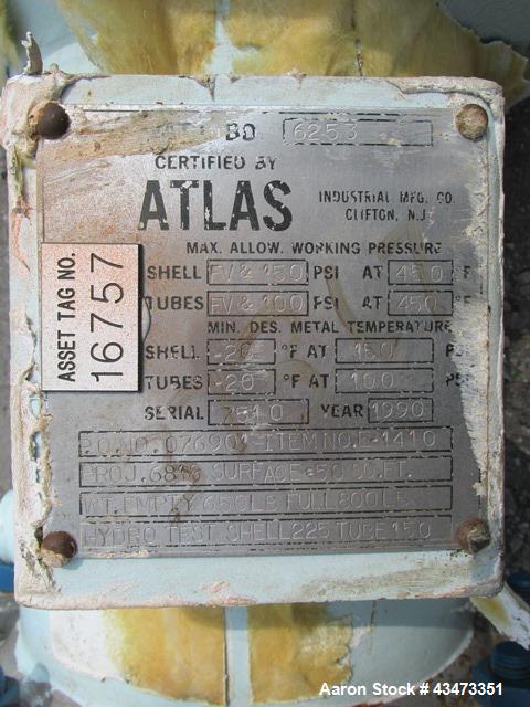 Used Atlas Heat Exchanger, 50 Square Feet. Hastelloy C276 tubes, tube sheets and bonnets with (85) 0.75" diameter x 36" long tubes rated 100 psi & Full Vacuum at 450 degrees F. Carbon steel shell rat...